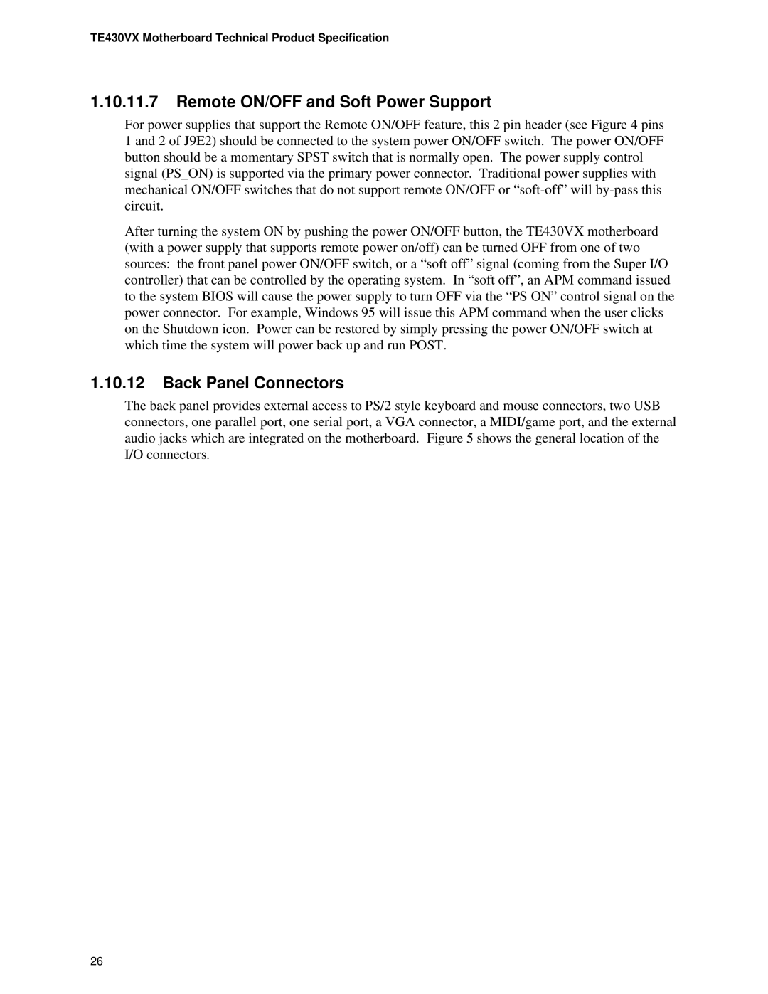 Intel TE430VX manual Remote ON/OFF and Soft Power Support, Back Panel Connectors 