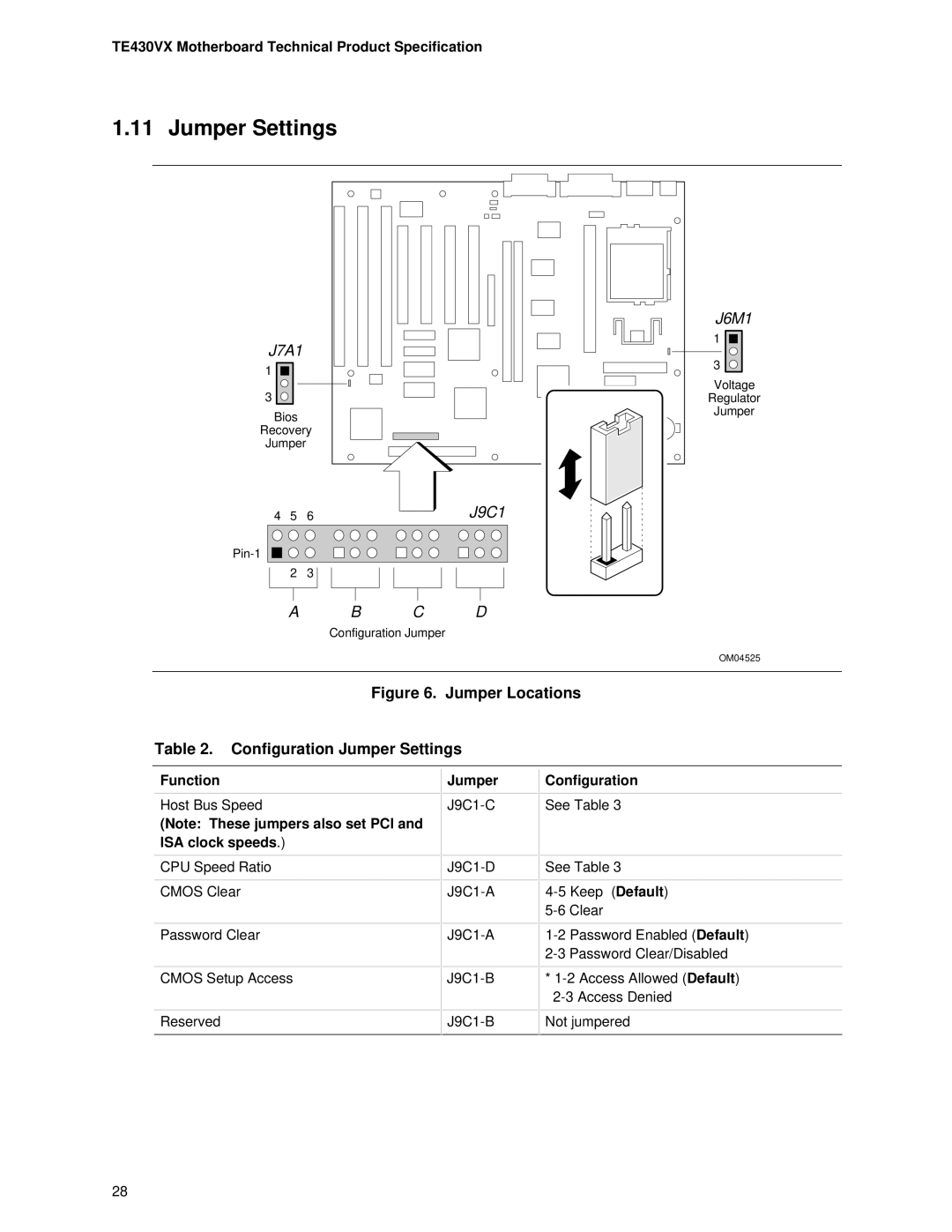 Intel TE430VX manual Jumper Settings, Function, Configuration 