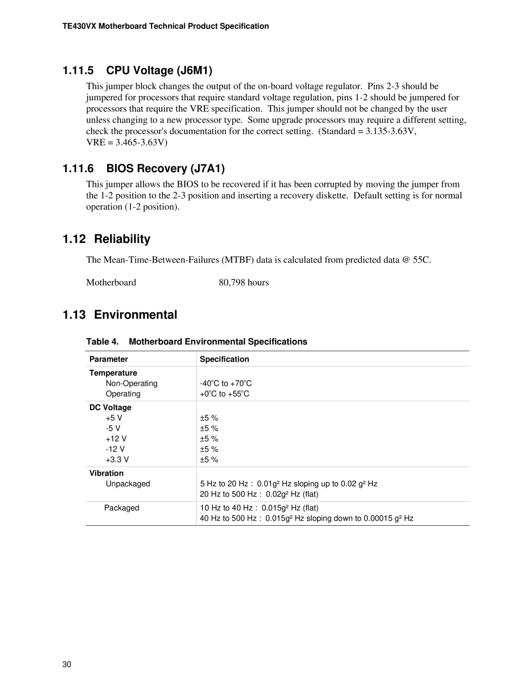 Intel TE430VX manual Reliability, CPU Voltage J6M1, Bios Recovery J7A1, Motherboard Environmental Specifications 