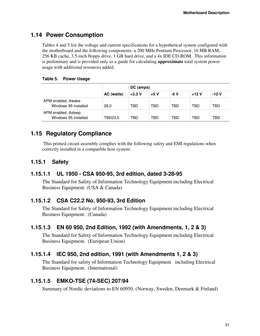 Intel TE430VX manual Power Consumption, Regulatory Compliance 