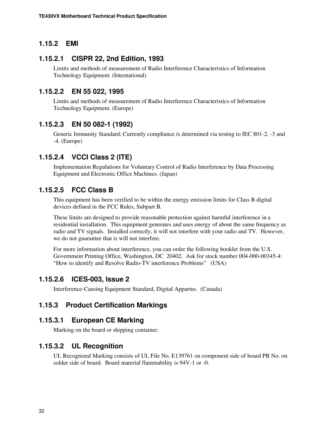 Intel TE430VX manual EMI Cispr 22, 2nd Edition, 15.2.2 EN 55 022, 15.2.3 EN 50 082-1, Vcci Class 2 ITE, FCC Class B 