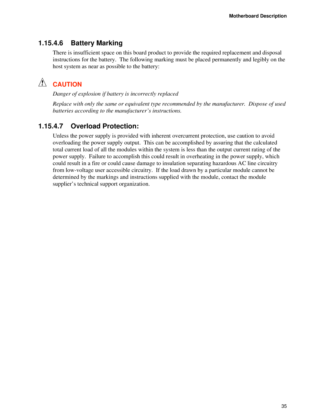 Intel TE430VX manual Battery Marking, Overload Protection 