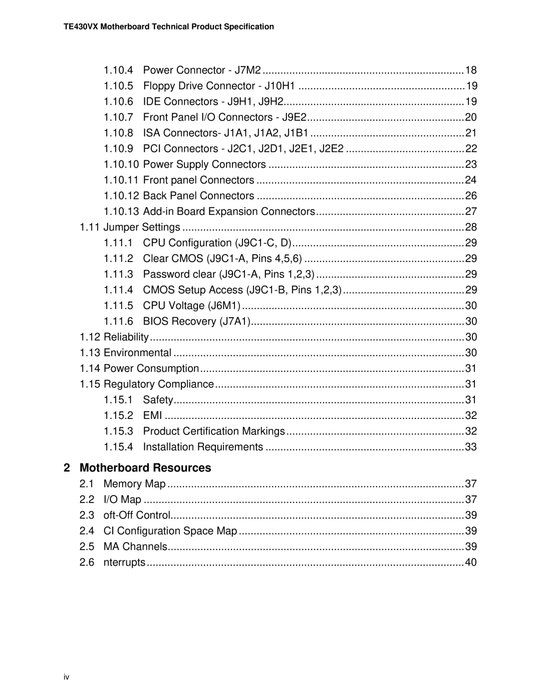 Intel manual Motherboard Resources, TE430VX Motherboard Technical Product Specification 