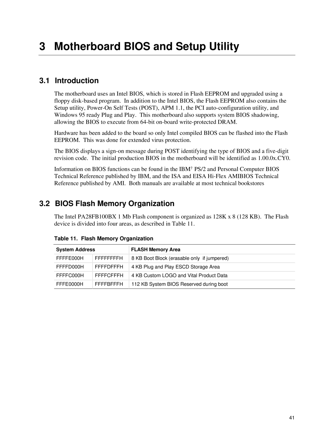 Intel TE430VX manual Introduction, Bios Flash Memory Organization, System Address, Flash Memory Area 