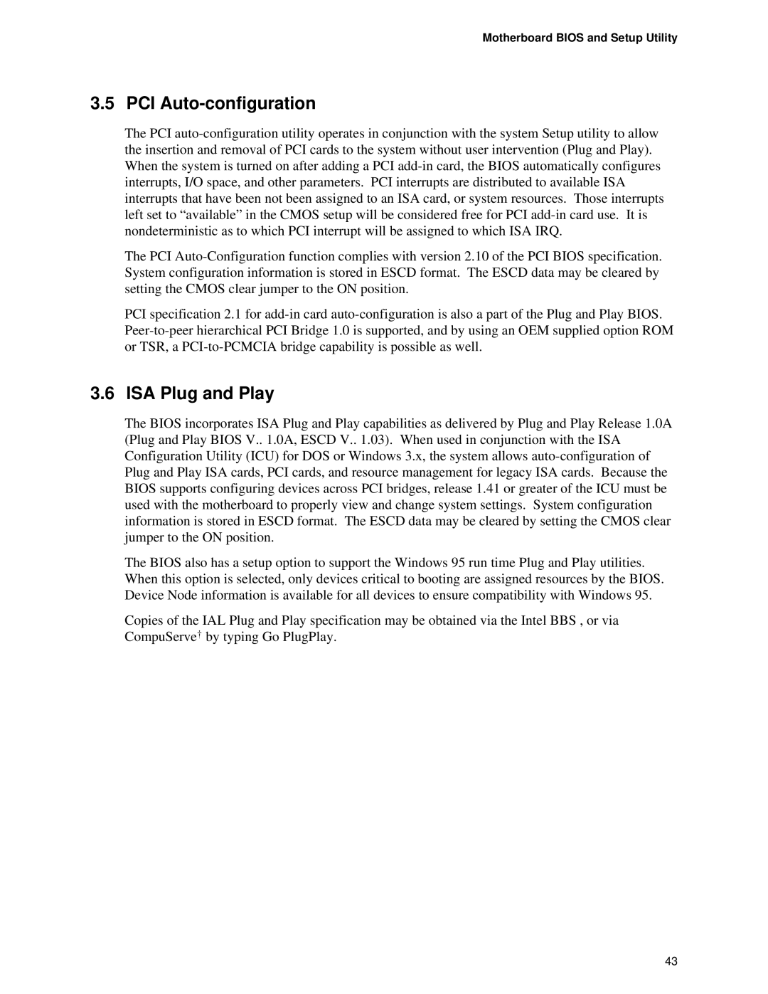 Intel TE430VX manual PCI Auto-configuration, ISA Plug and Play, Motherboard Bios and Setup Utility 