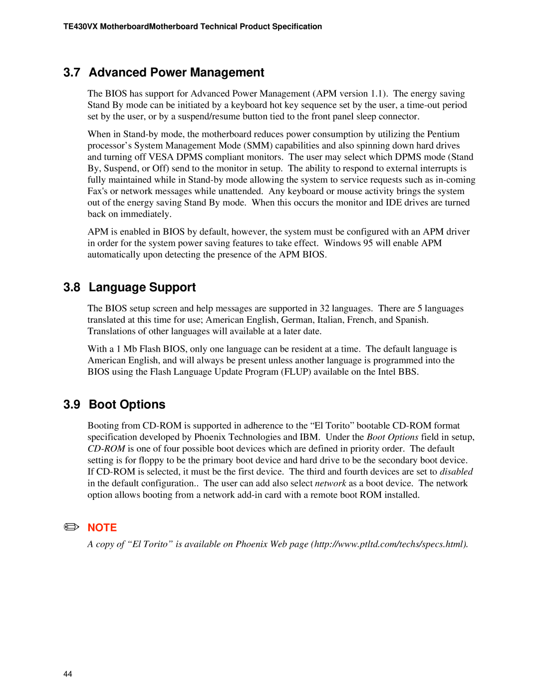 Intel TE430VX manual Advanced Power Management, Language Support, Boot Options 