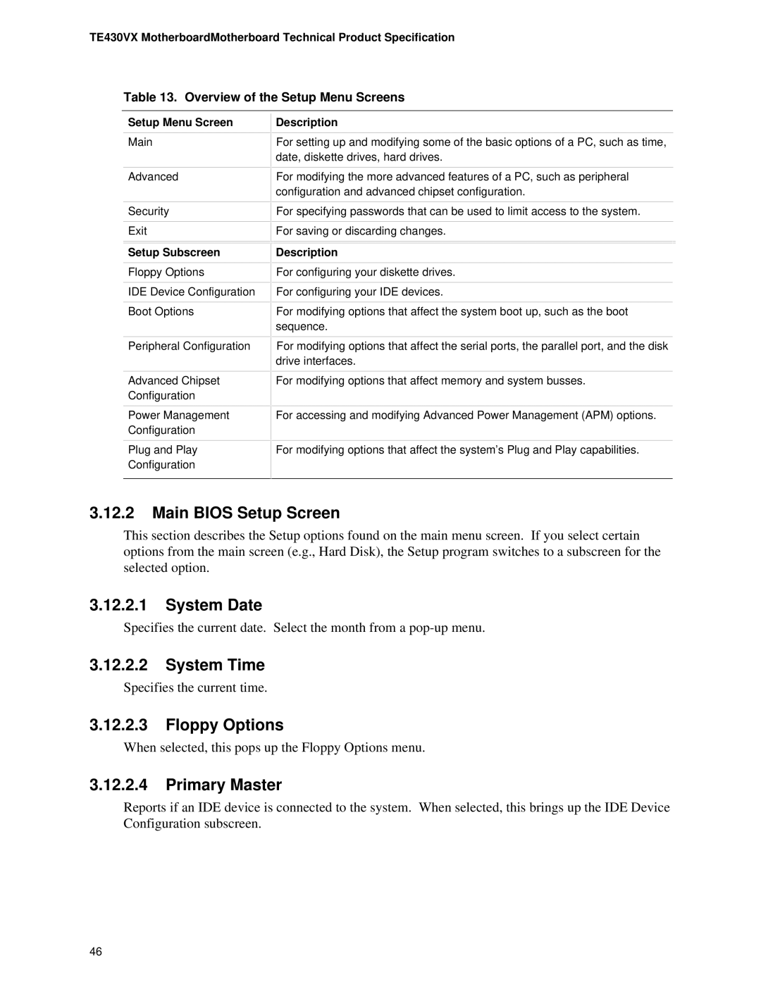 Intel TE430VX manual Main Bios Setup Screen, System Date, System Time, Floppy Options, Primary Master 