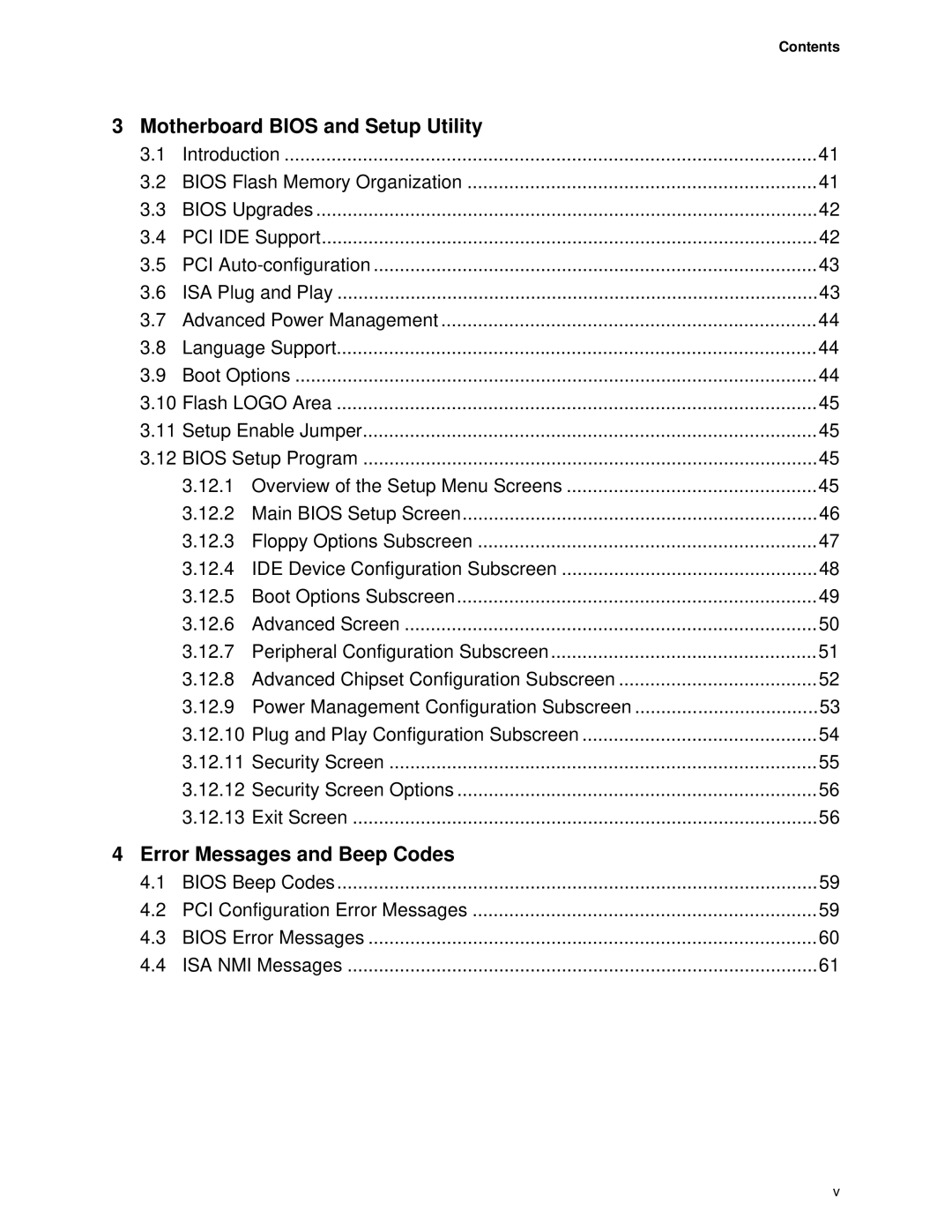 Intel TE430VX manual Motherboard Bios and Setup Utility, Error Messages and Beep Codes, Contents 