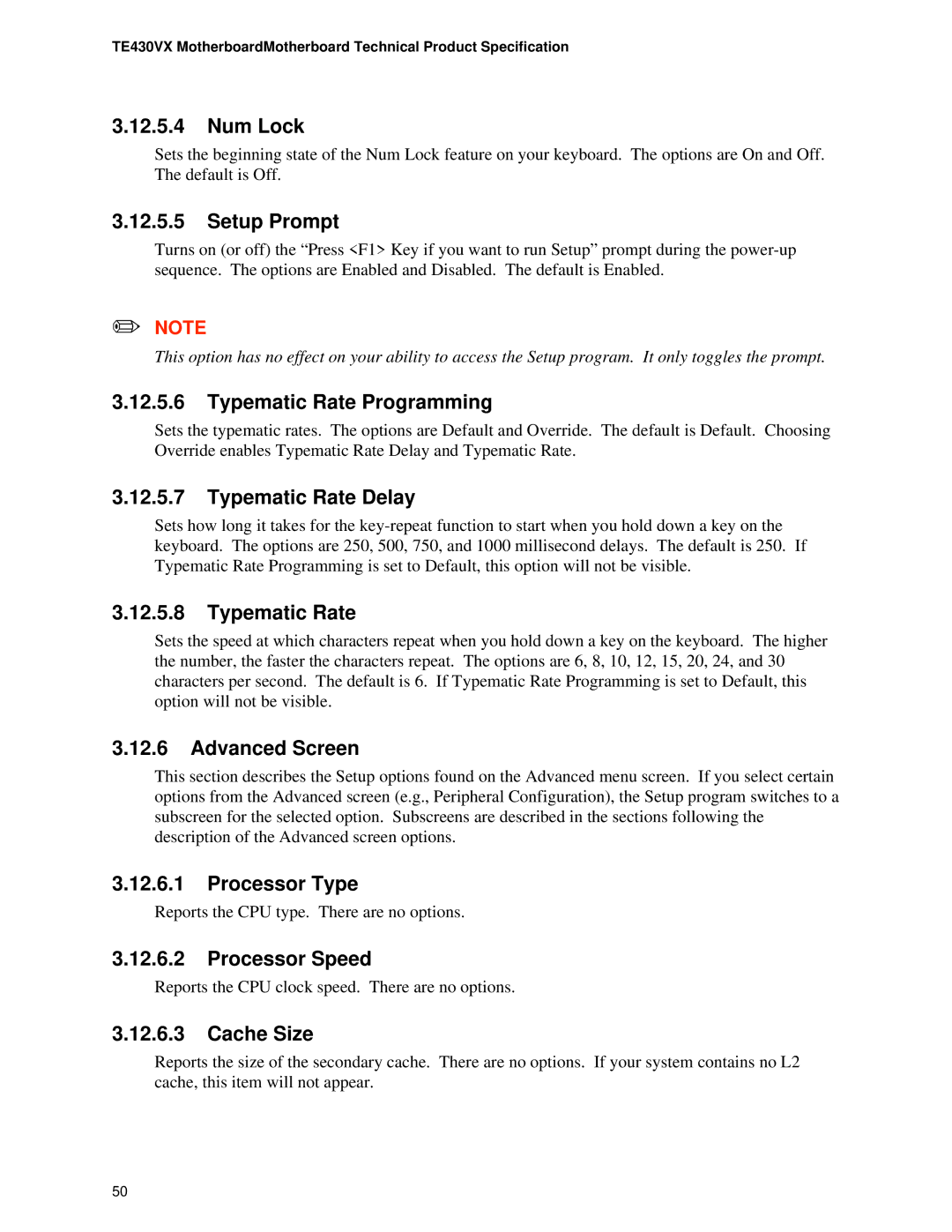 Intel TE430VX Num Lock, Setup Prompt, Typematic Rate Programming, Typematic Rate Delay, Advanced Screen, Processor Type 