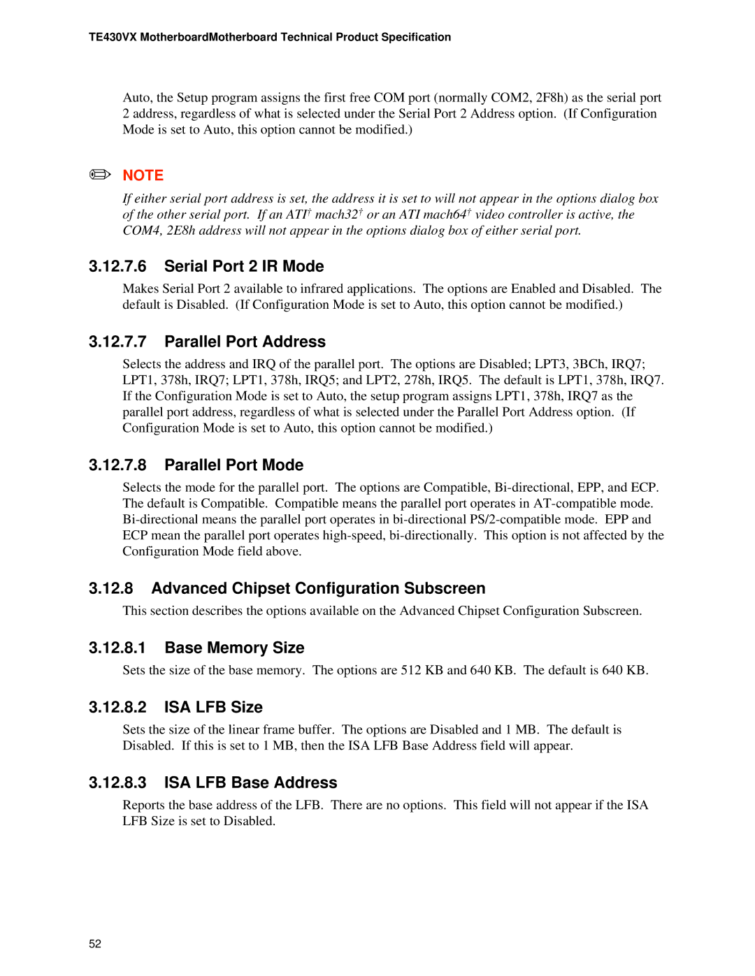Intel TE430VX Serial Port 2 IR Mode, Parallel Port Address, Parallel Port Mode, Advanced Chipset Configuration Subscreen 