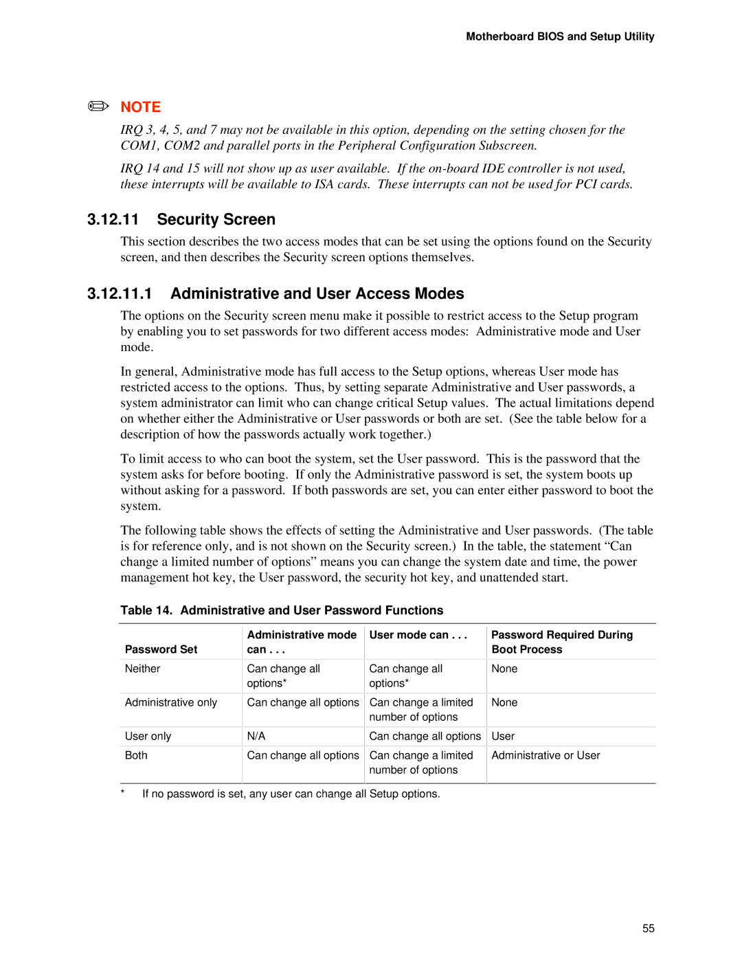 Intel TE430VX manual Security Screen, Administrative and User Access Modes, Administrative and User Password Functions 