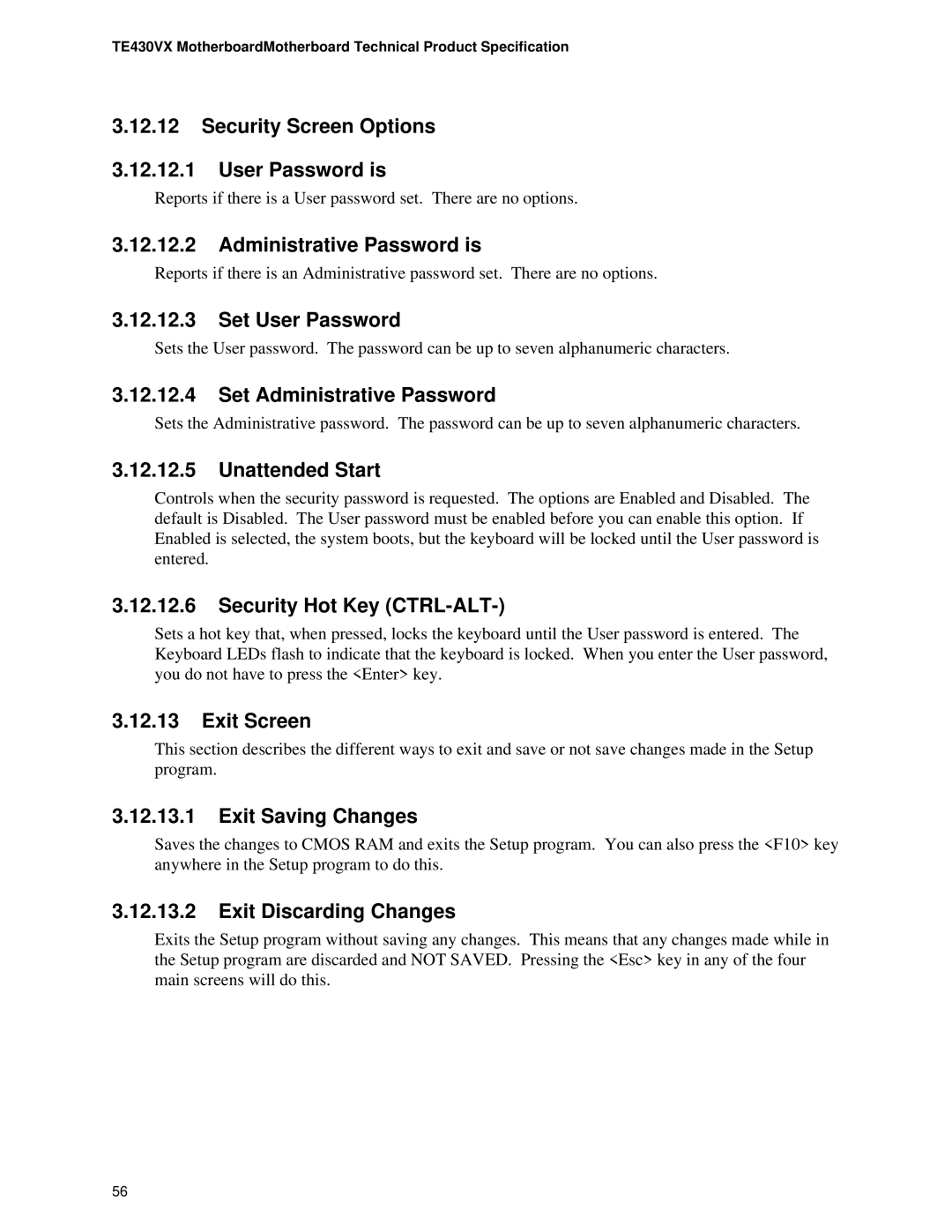 Intel TE430VX Security Screen Options User Password is, Administrative Password is, Set User Password, Unattended Start 