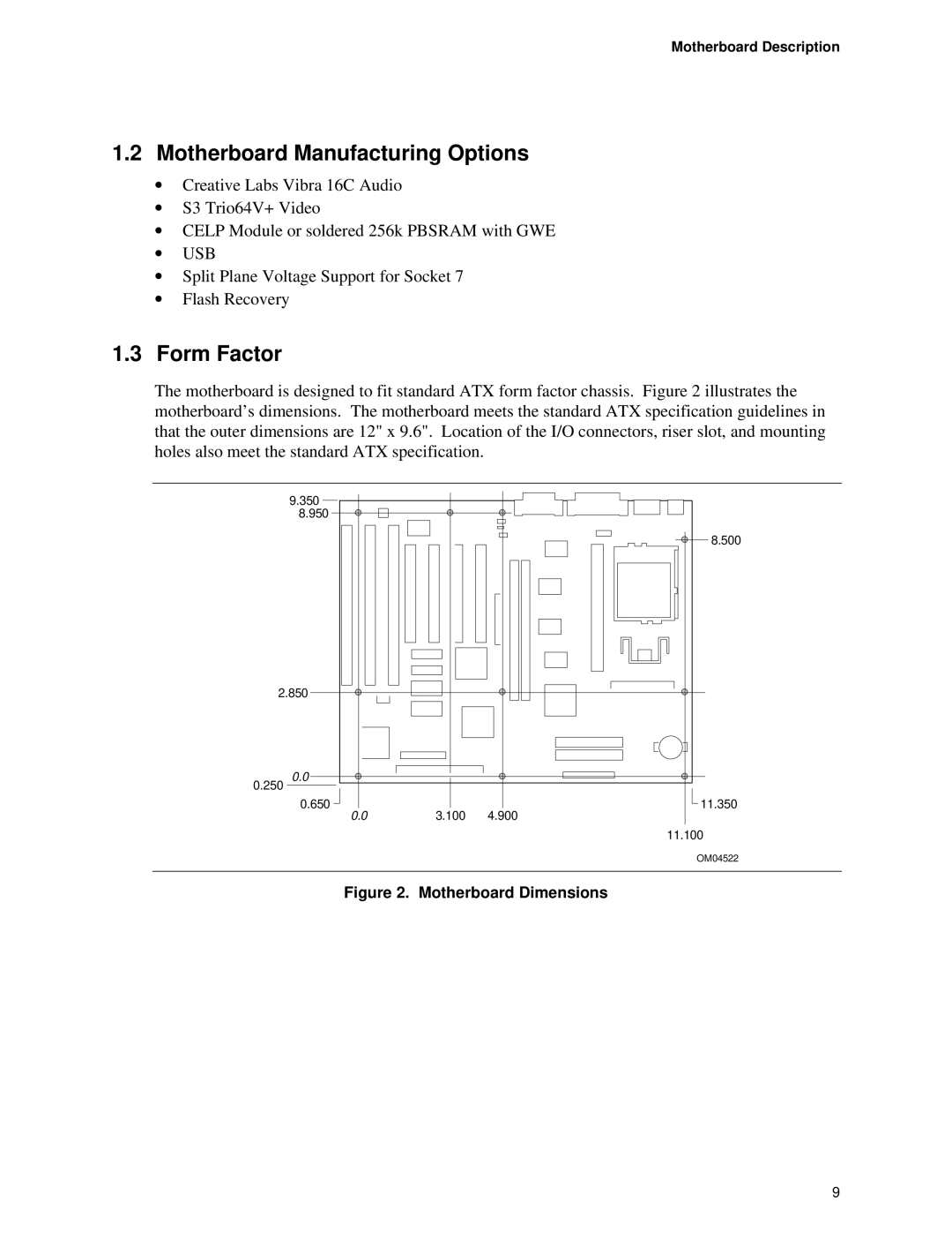 Intel TE430VX manual Motherboard Manufacturing Options, Form Factor, Motherboard Description 