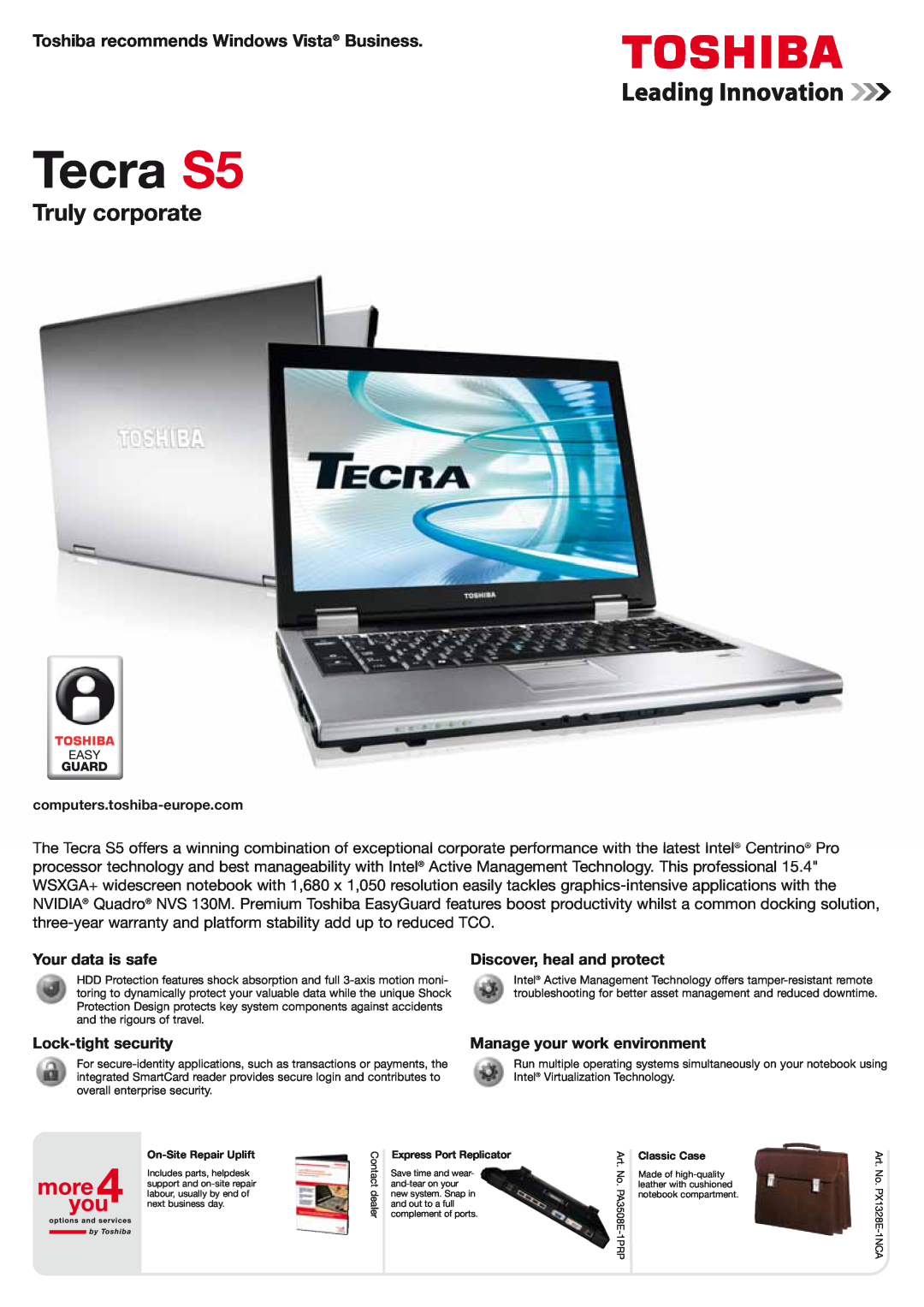Intel TECRA S5 warranty Toshiba recommends Windows Vista Business, Tecra S5, Truly corporate, Your data is safe 