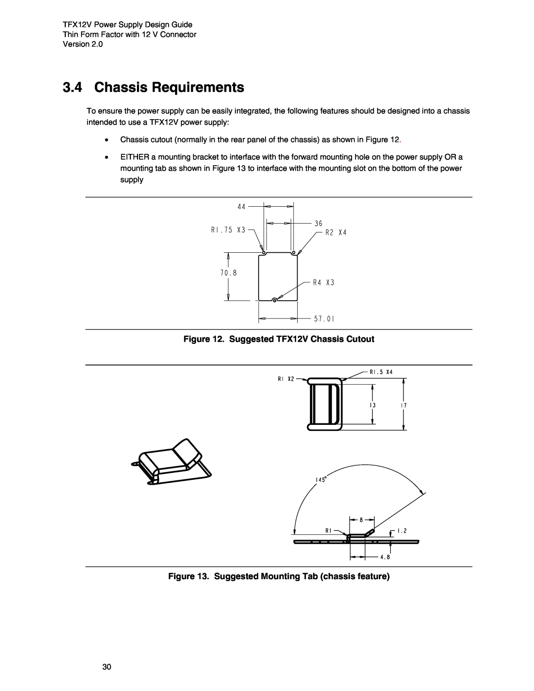 Intel manual Chassis Requirements, Suggested TFX12V Chassis Cutout, Suggested Mounting Tab chassis feature 