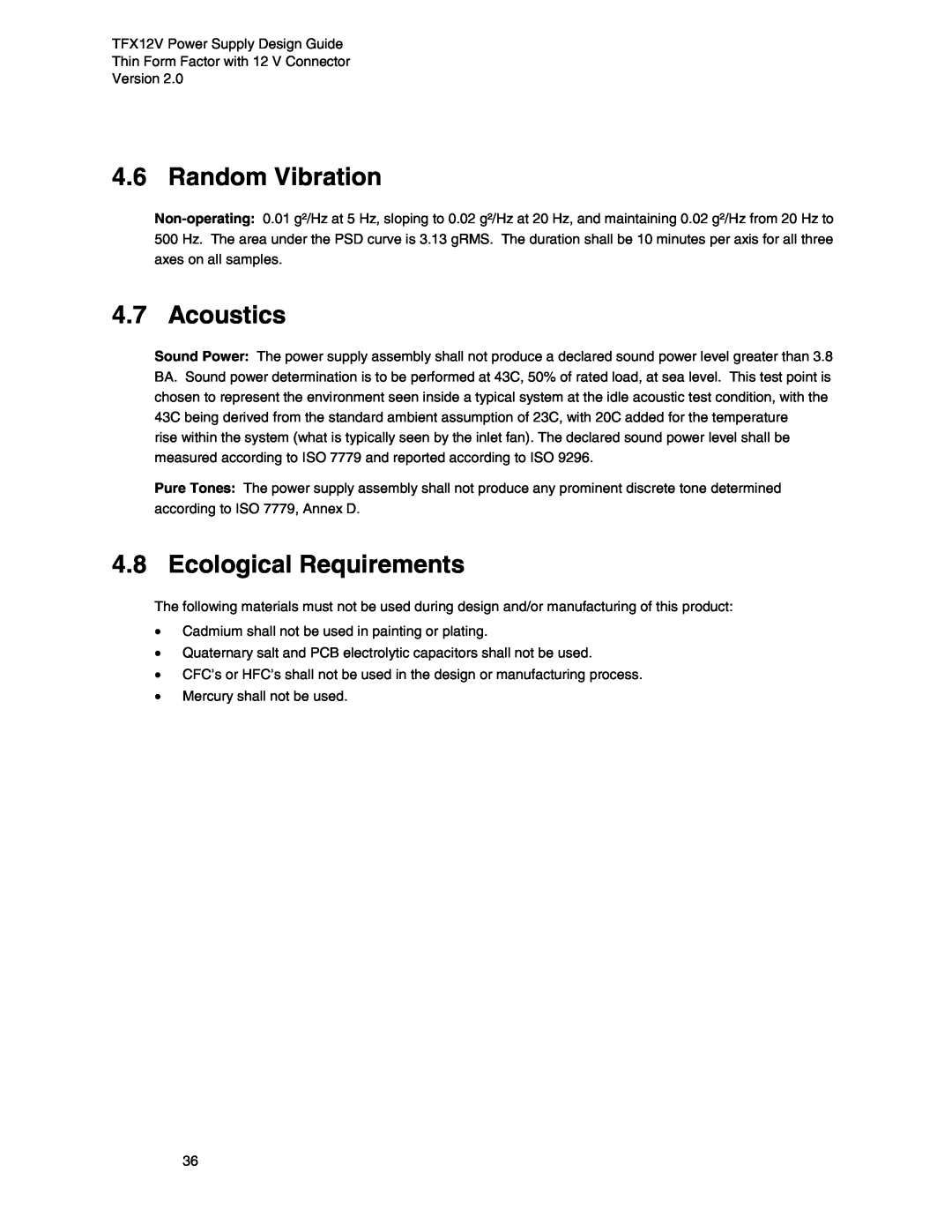 Intel TFX12V manual Random Vibration, Acoustics, Ecological Requirements 