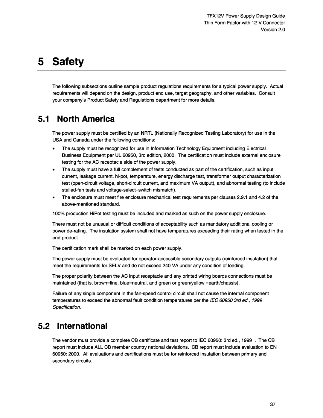 Intel TFX12V manual Safety, North America, International 