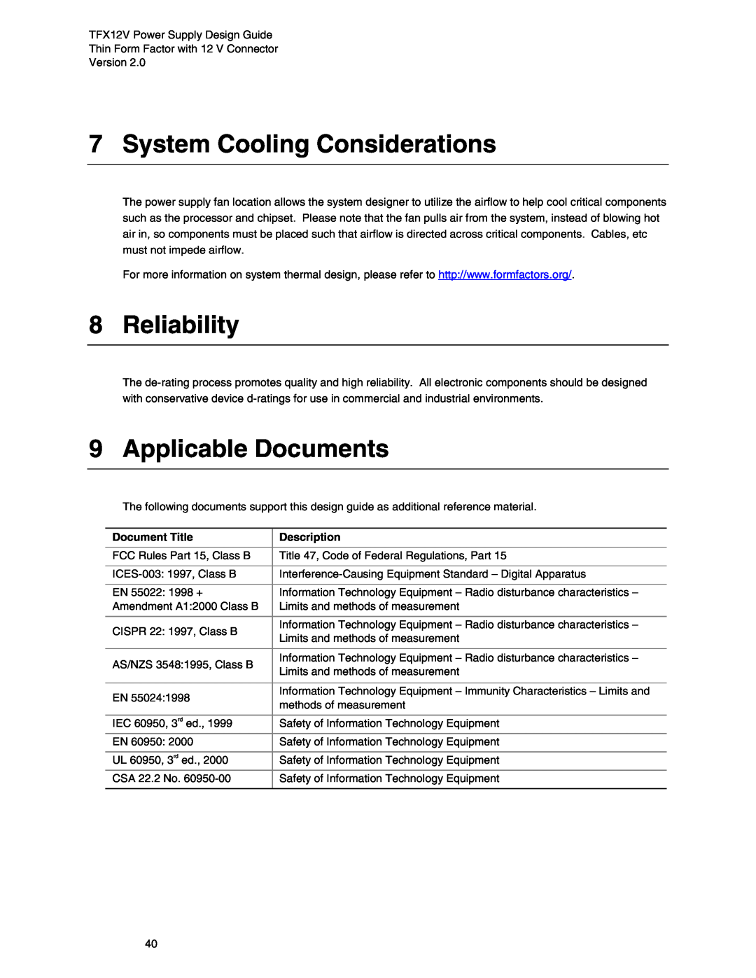 Intel TFX12V manual System Cooling Considerations, Reliability, Applicable Documents, Document Title, Description 