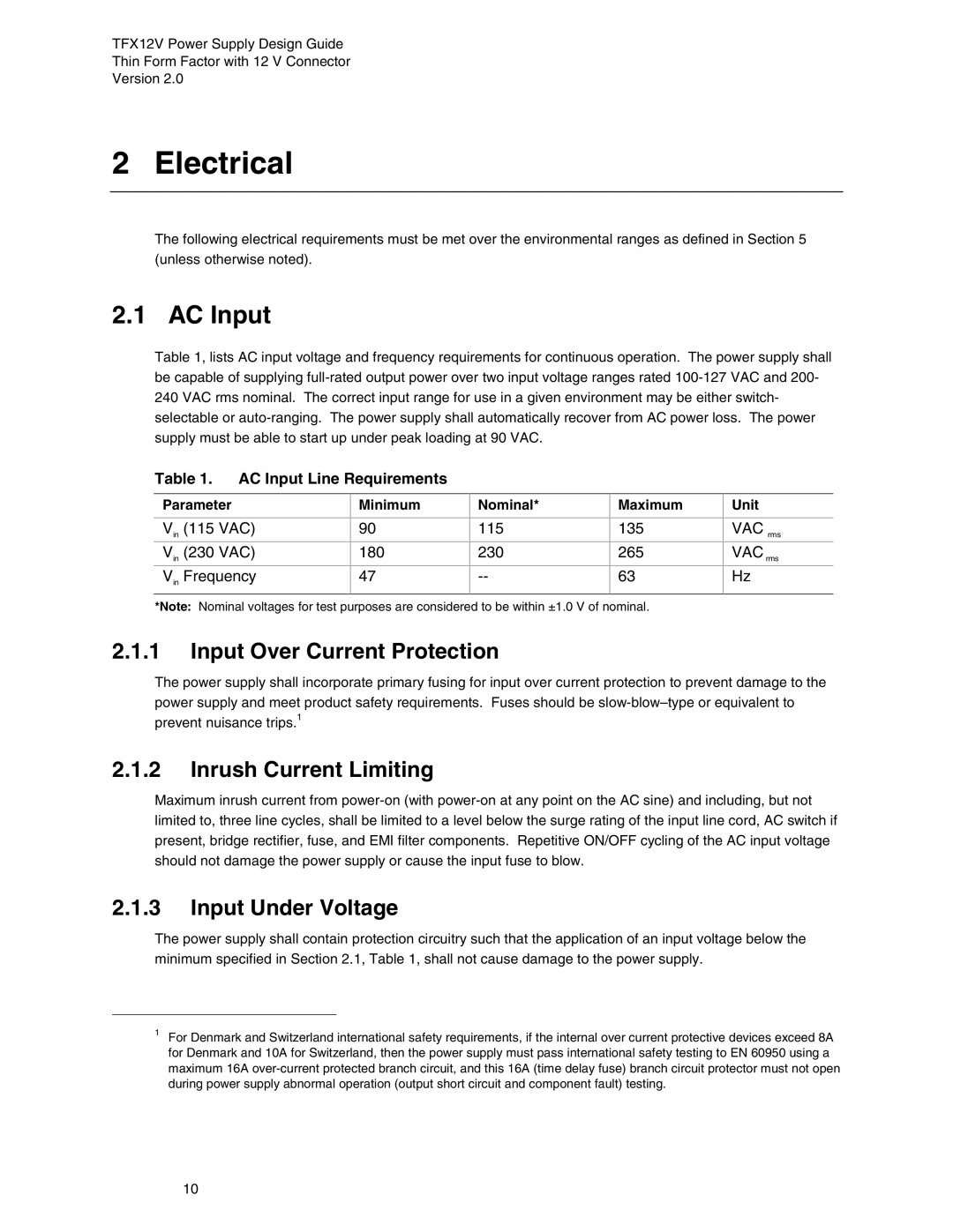 Intel TFX12V manual Electrical, AC Input, Input Over Current Protection, Inrush Current Limiting, Input Under Voltage 