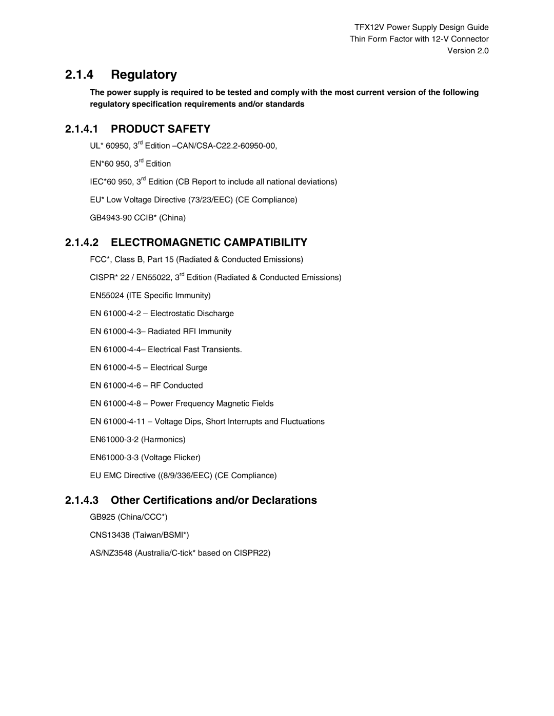 Intel TFX12V manual Regulatory, Product Safety 