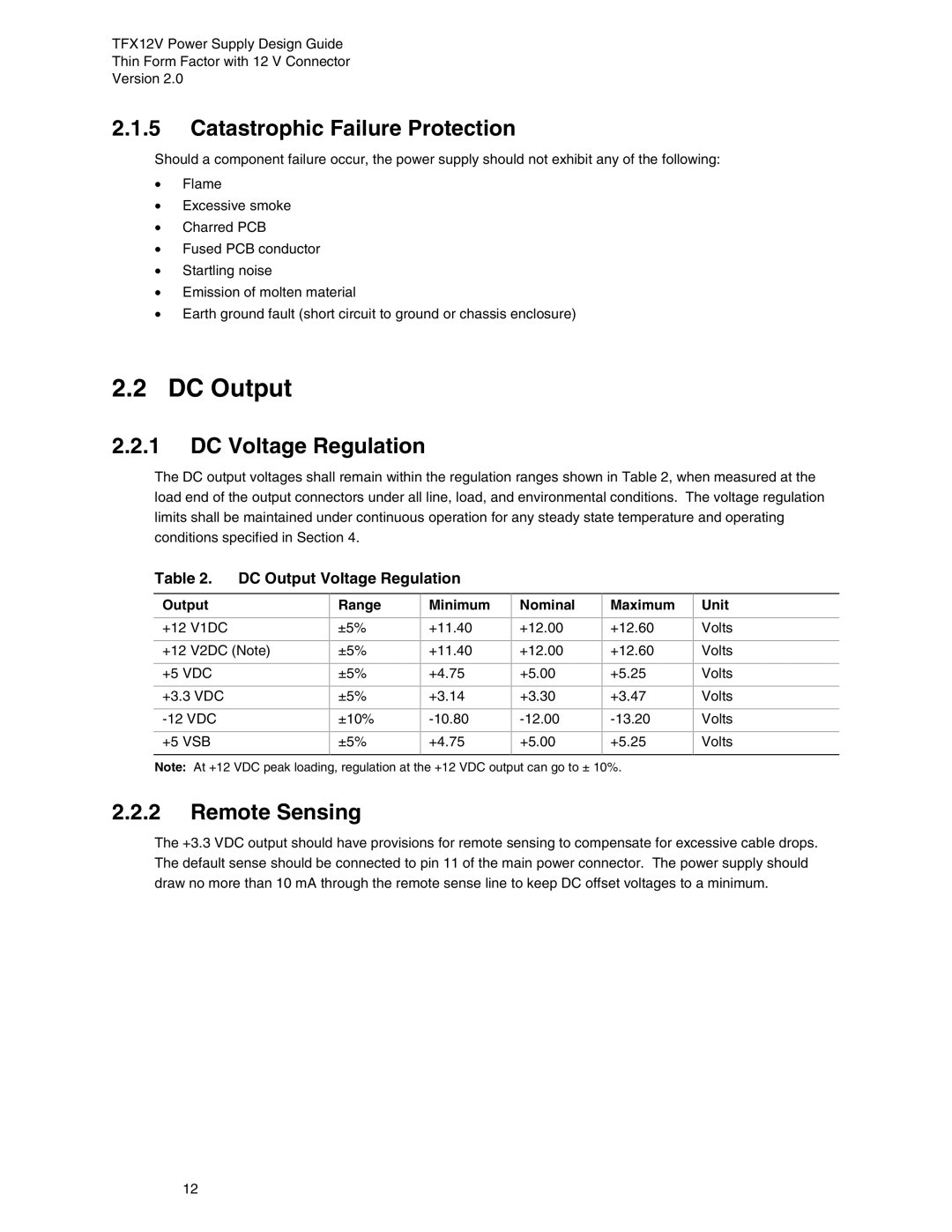 Intel TFX12V manual DC Output, Catastrophic Failure Protection, DC Voltage Regulation, Remote Sensing 