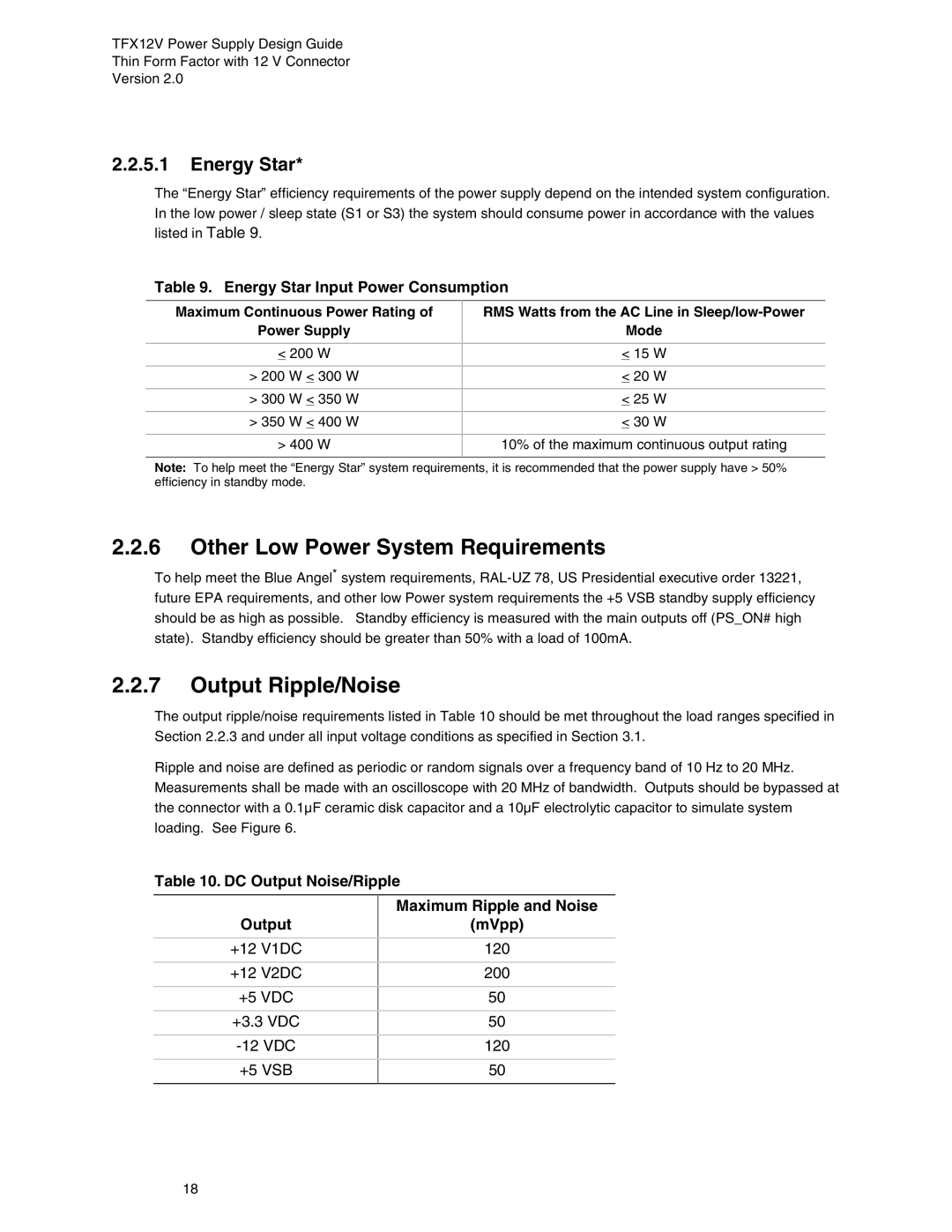 Intel TFX12V manual Other Low Power System Requirements, Output Ripple/Noise, Energy Star Input Power Consumption 