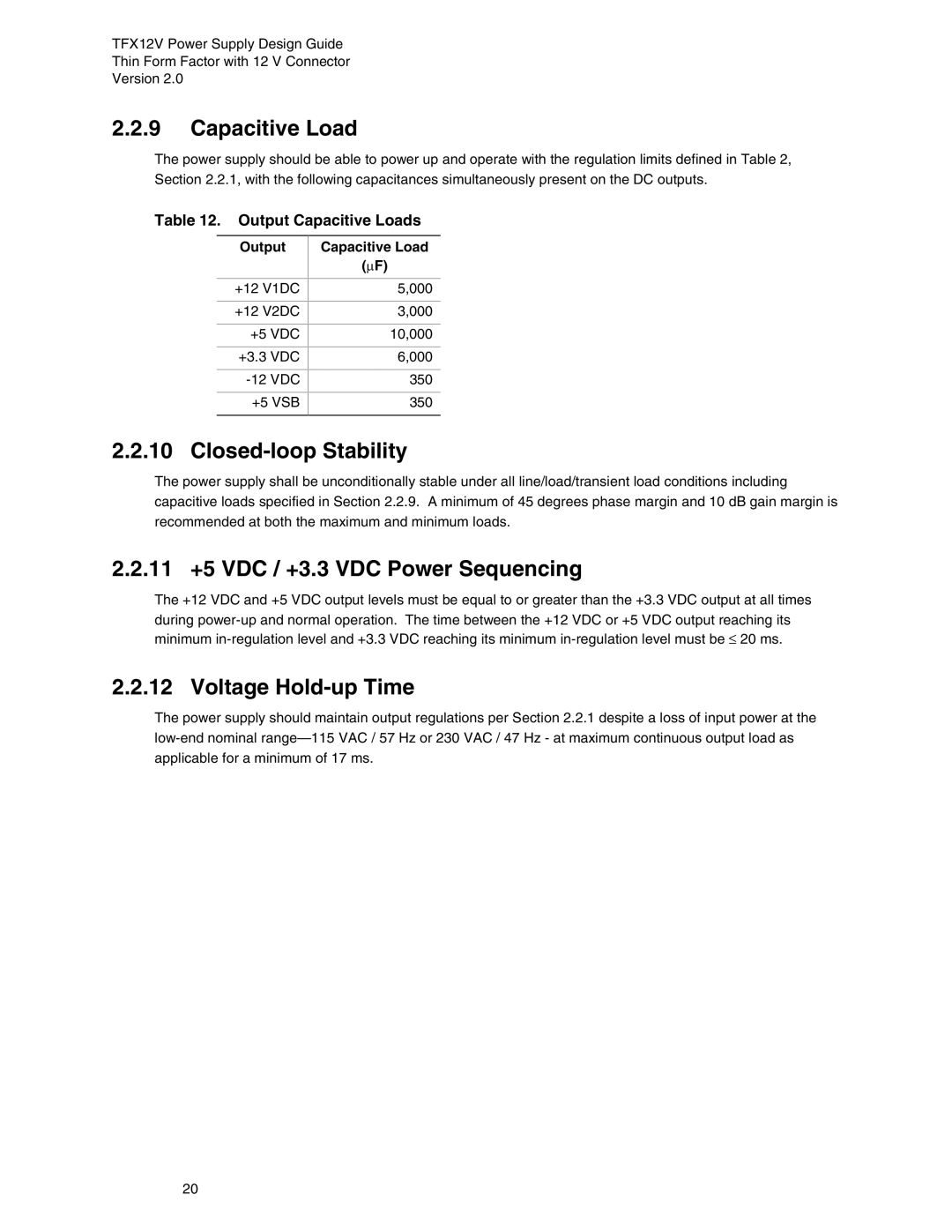 Intel TFX12V manual Capacitive Load, Closed-loop Stability, 11 +5 VDC / +3.3 VDC Power Sequencing, Voltage Hold-up Time 