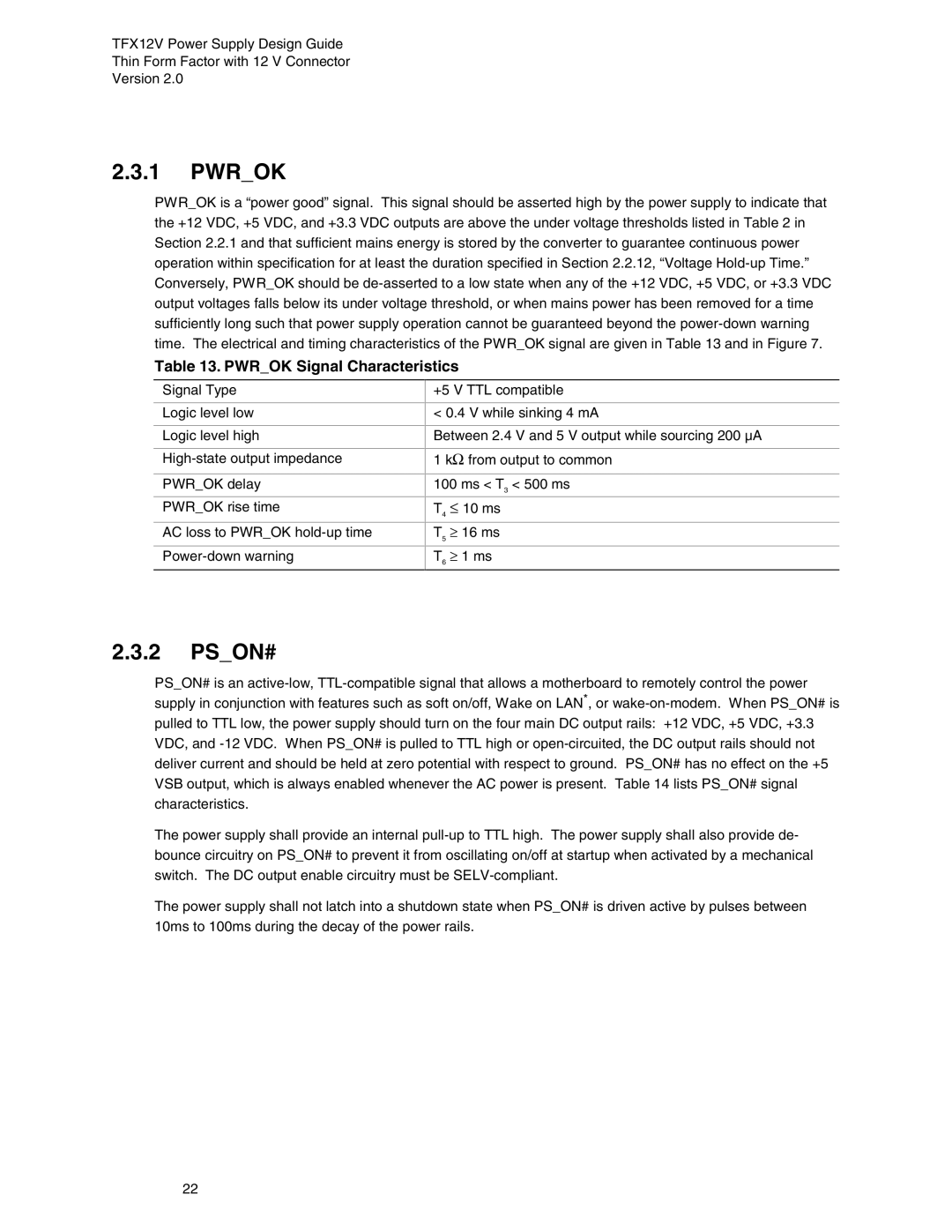 Intel TFX12V manual Pson#, Pwrok Signal Characteristics 