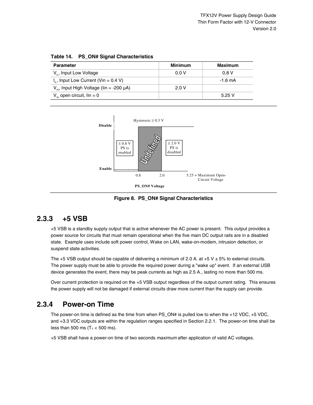 Intel TFX12V manual 3 +5 VSB, Power-on Time, PSON# Signal Characteristics 