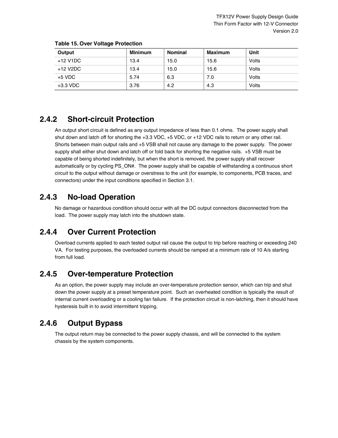 Intel TFX12V manual Short-circuit Protection, No-load Operation, Over Current Protection, Over-temperature Protection 