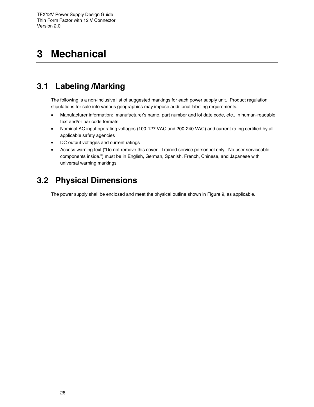 Intel TFX12V manual Mechanical, Labeling /Marking, Physical Dimensions 