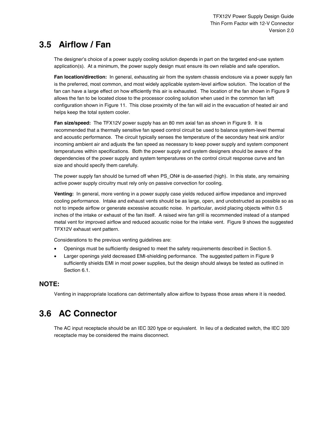 Intel TFX12V manual Airflow / Fan, AC Connector 