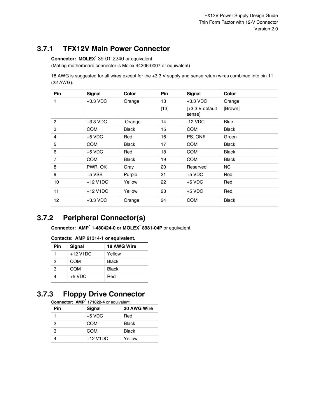 Intel manual 1 TFX12V Main Power Connector, Peripheral Connectors, Floppy Drive Connector 