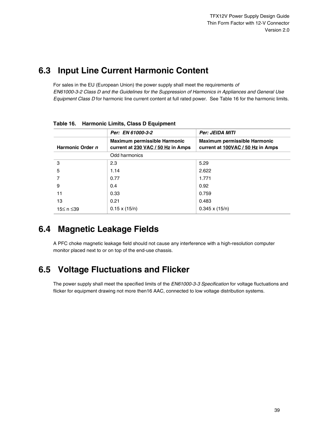 Intel TFX12V manual Input Line Current Harmonic Content, Magnetic Leakage Fields, Voltage Fluctuations and Flicker 