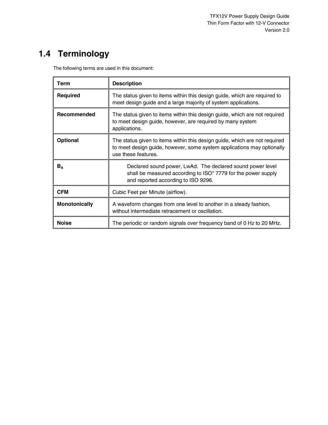 Intel TFX12V manual Terminology, Term Required Recommended Optional, Monotonically Noise Description 