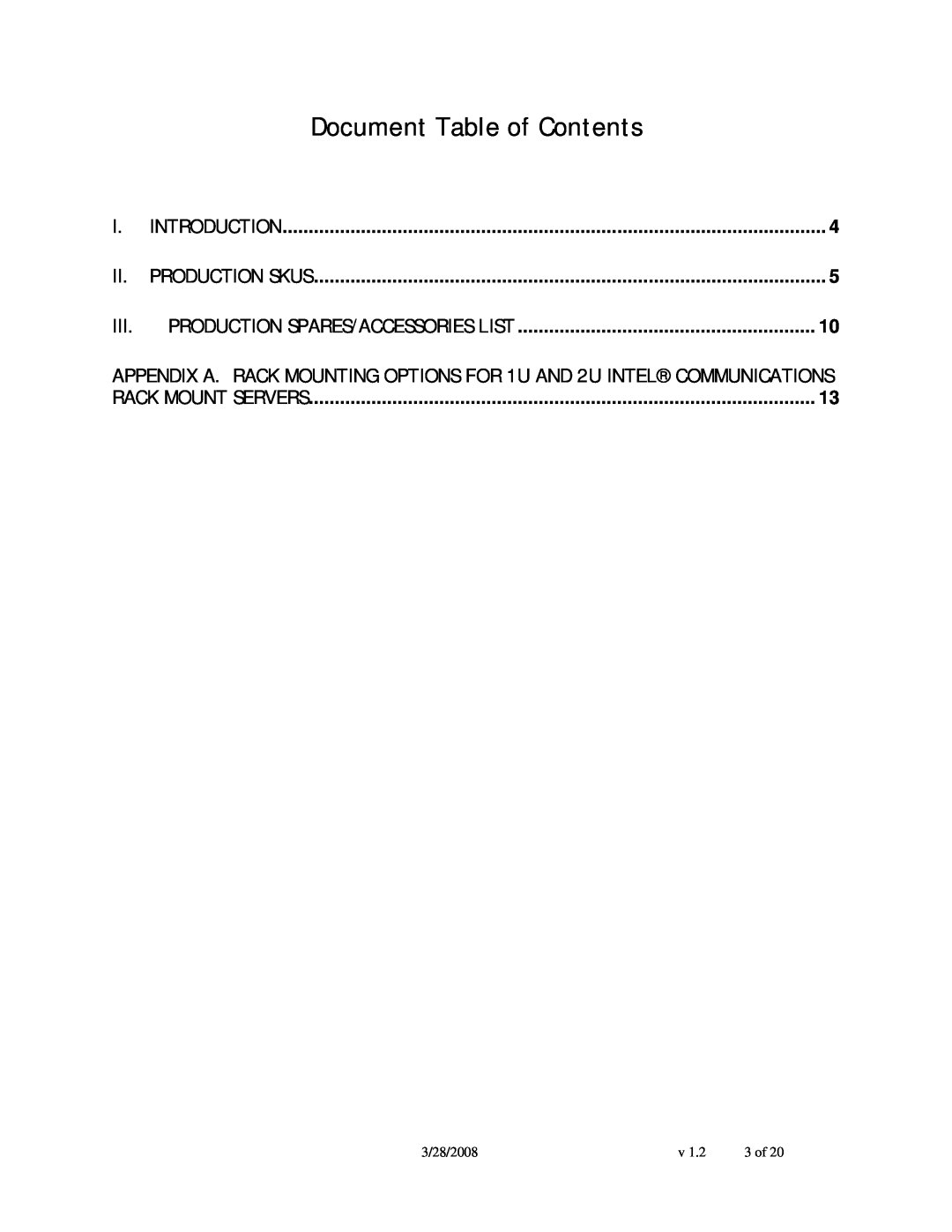 Intel TIGH2U Document Table of Contents, Introduction, Production Skus, Production Spares/Accessories List, 3/28/2008 