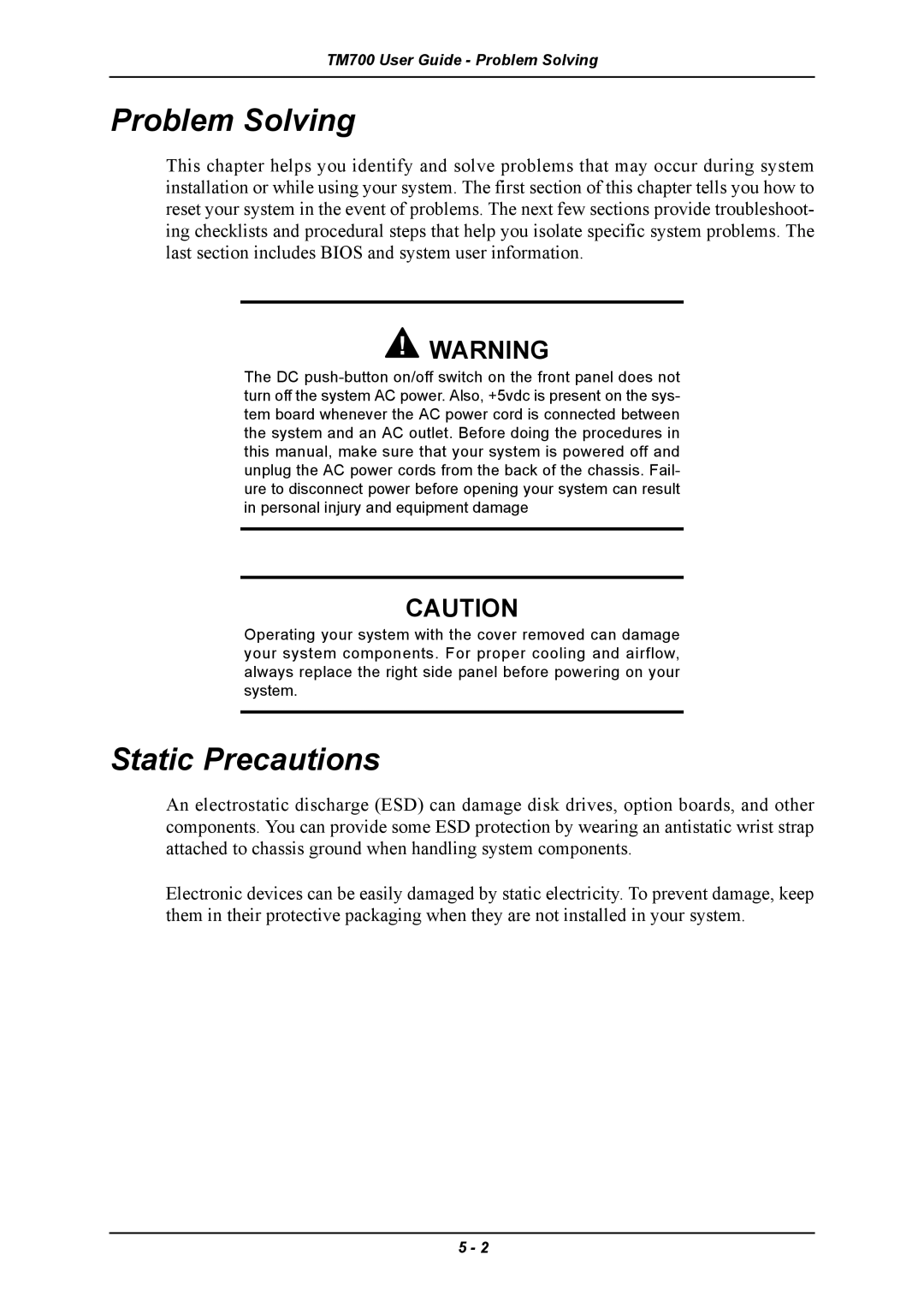 Intel TM700 manual Problem Solving, Static Precautions 