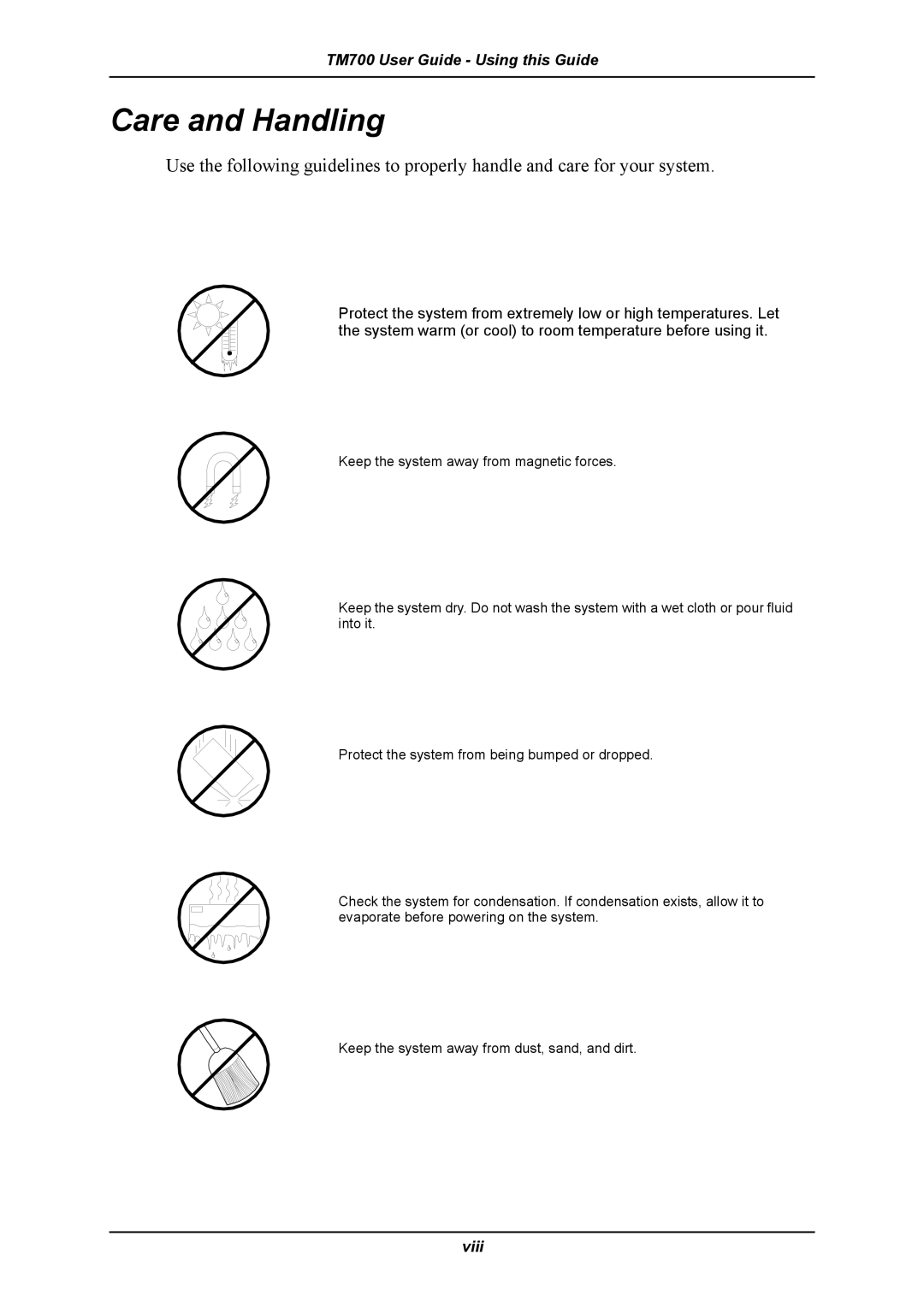 Intel TM700 manual Care and Handling 