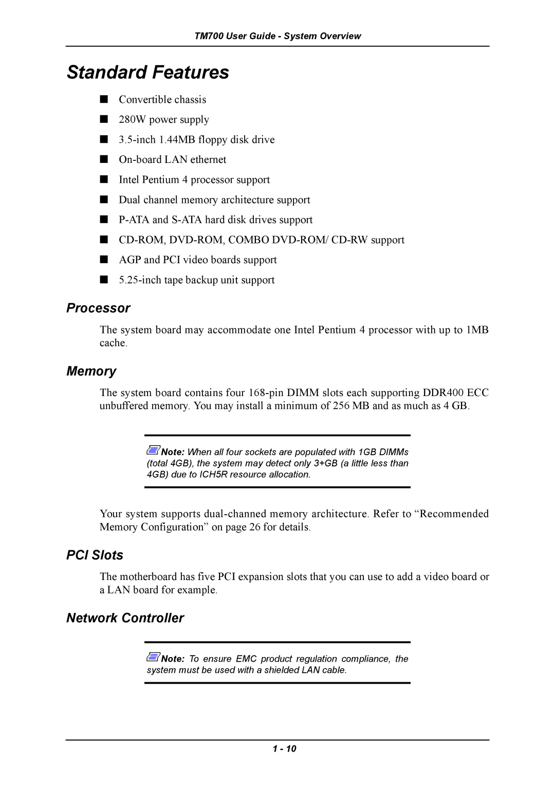 Intel TM700 manual Standard Features, Processor, Memory, PCI Slots, Network Controller 