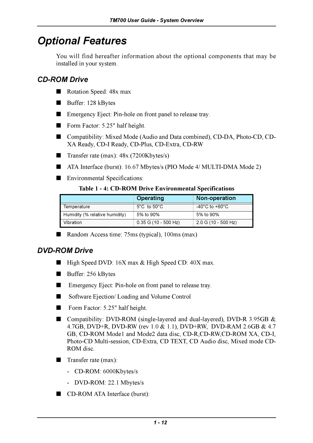 Intel TM700 manual Optional Features, DVD-ROM Drive, CD-ROM Drive Environmental Specifications 