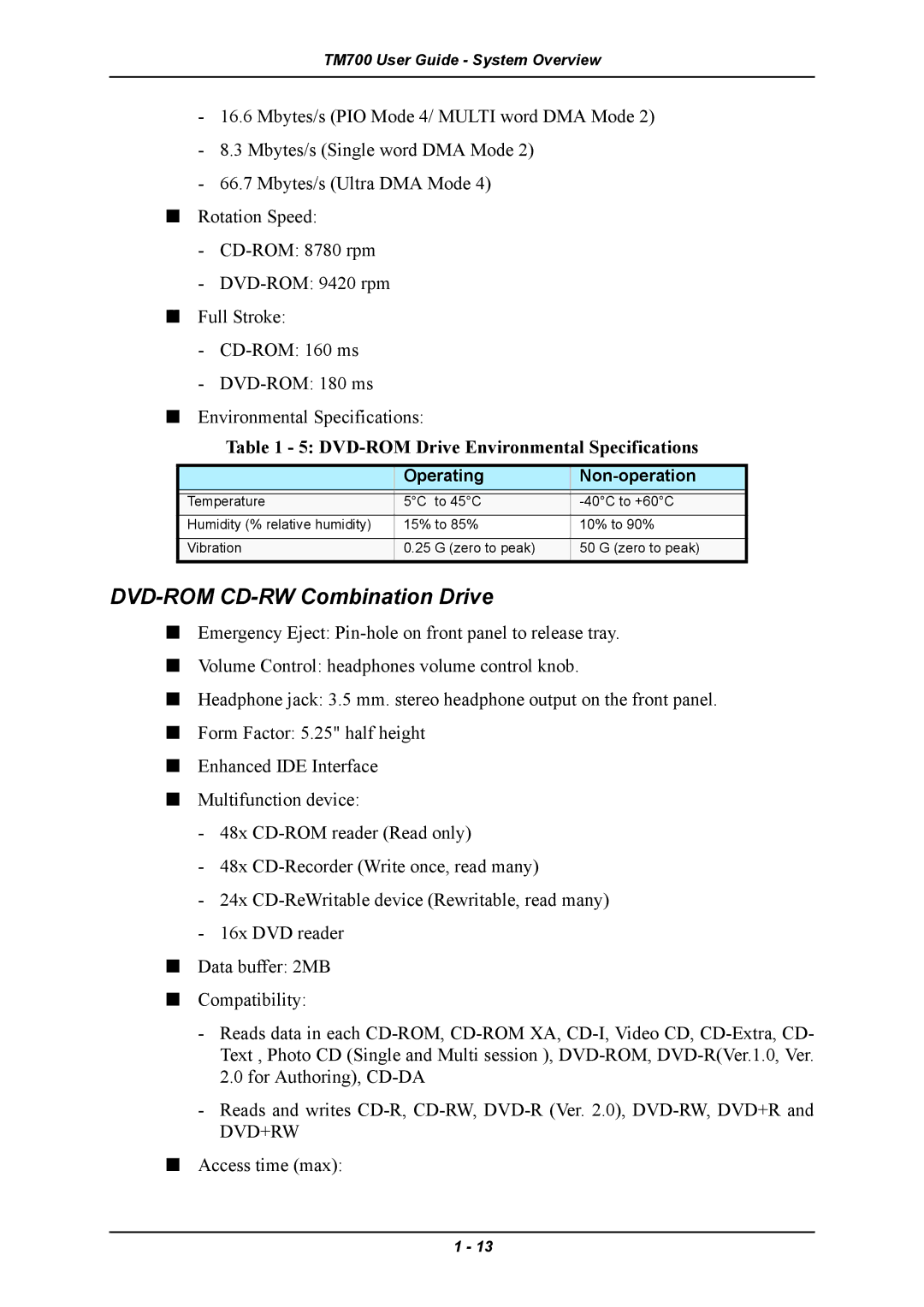 Intel TM700 manual DVD-ROM CD-RW Combination Drive, DVD-ROM Drive Environmental Specifications 