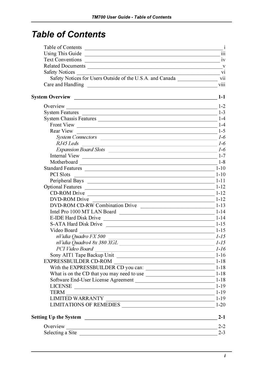 Intel TM700 manual Table of Contents 