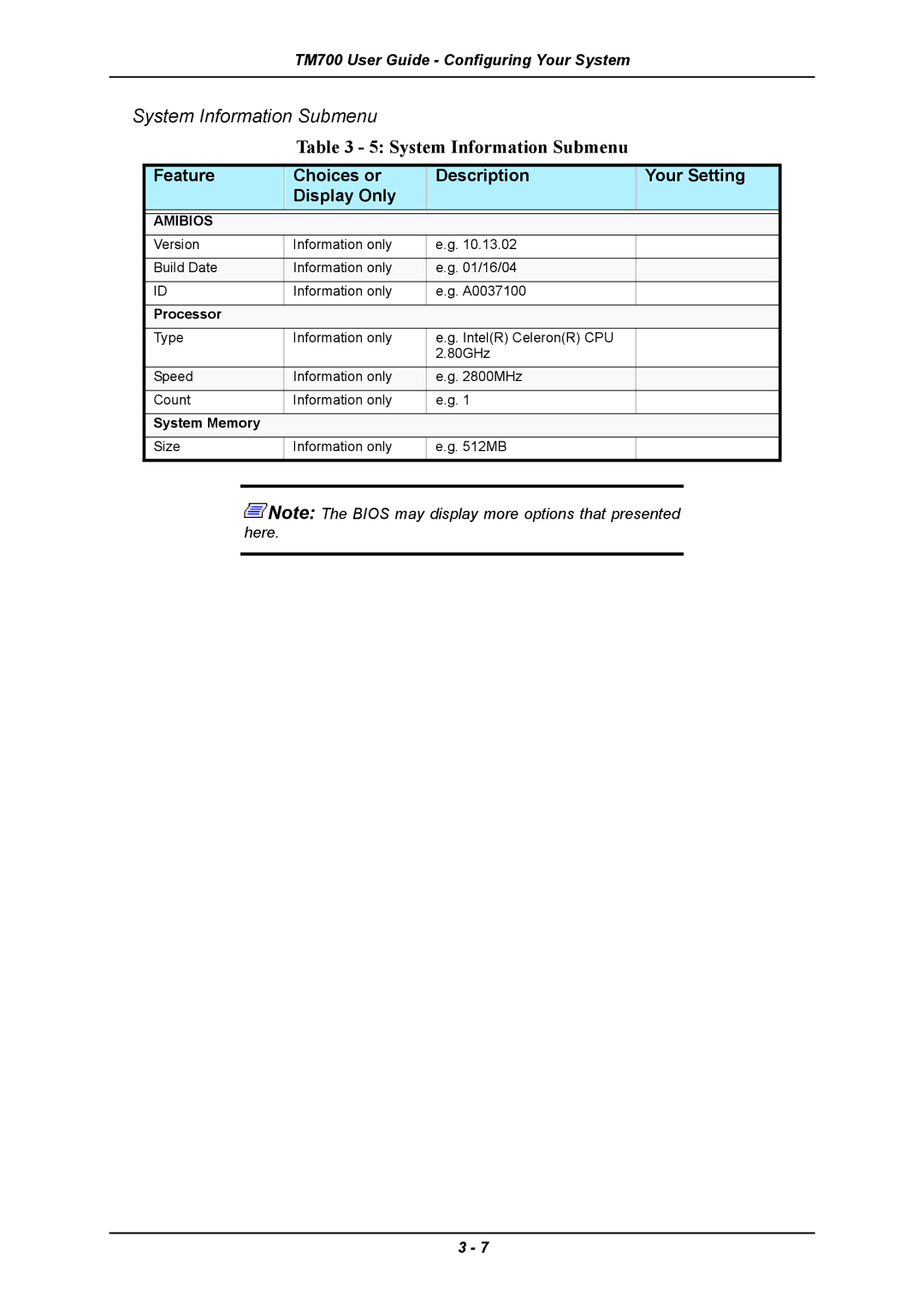 Intel TM700 manual System Information Submenu, Amibios 