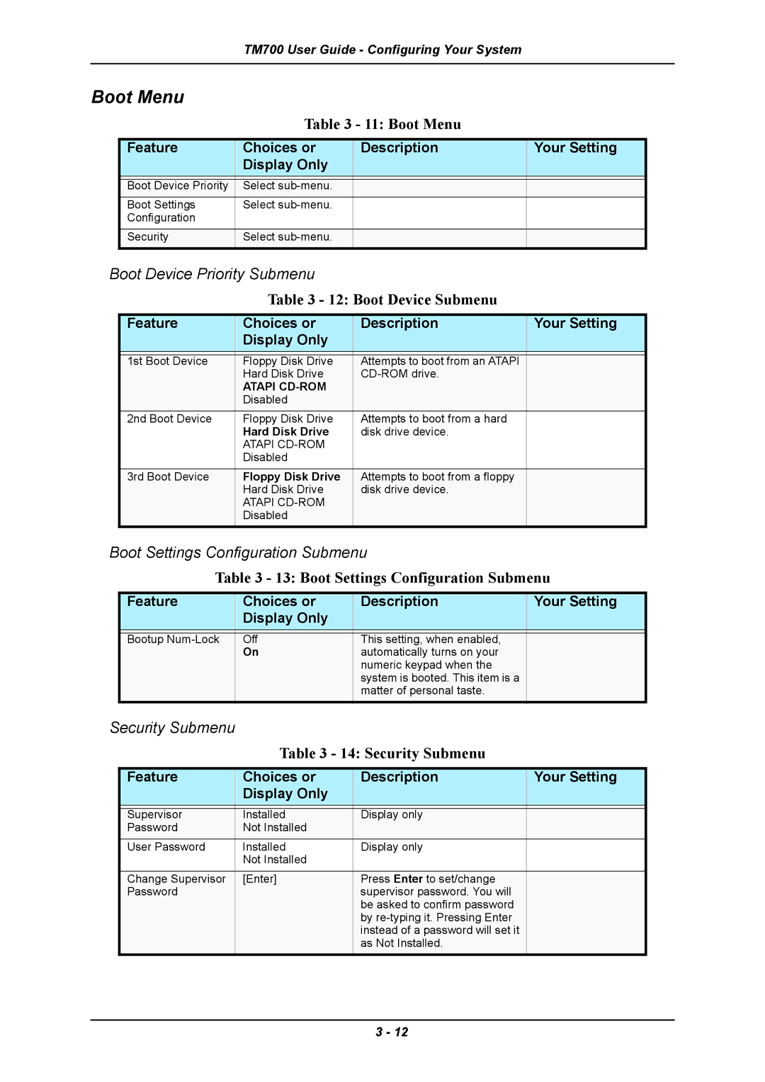 Intel TM700 manual Boot Menu, Boot Device Submenu, Boot Settings Configuration Submenu, Security Submenu 