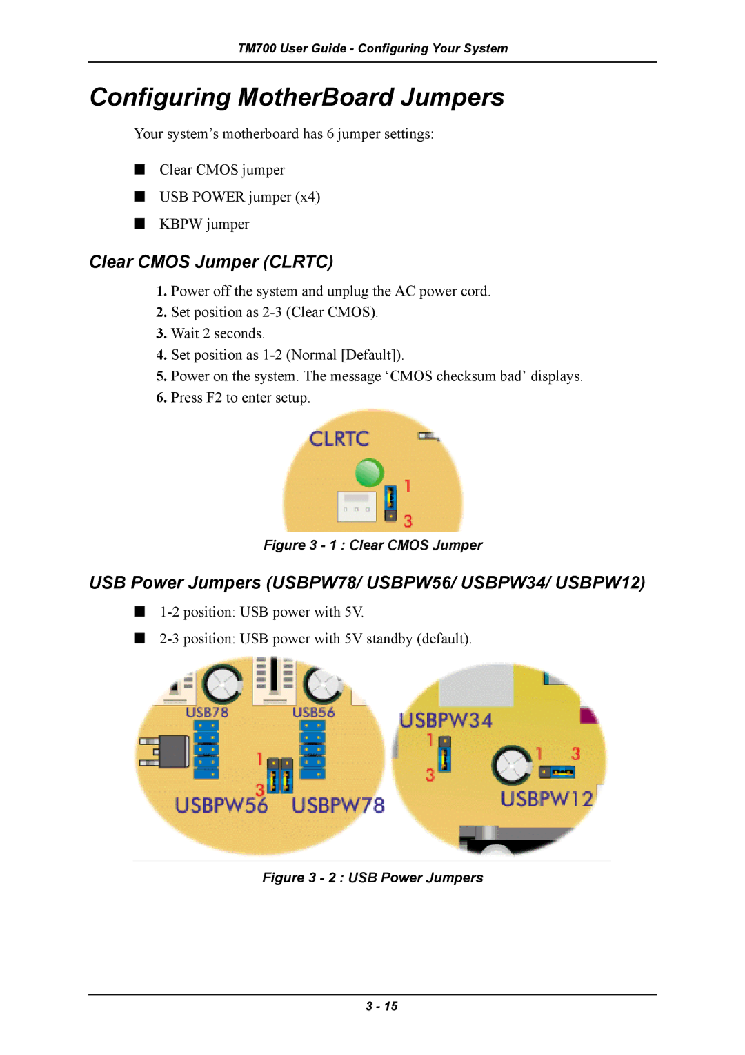 Intel TM700 Configuring MotherBoard Jumpers, Clear Cmos Jumper Clrtc, USB Power Jumpers USBPW78/ USBPW56/ USBPW34/ USBPW12 