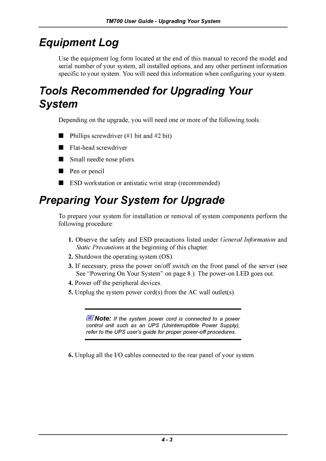 Intel TM700 manual Equipment Log, Tools Recommended for Upgrading Your System, Preparing Your System for Upgrade 