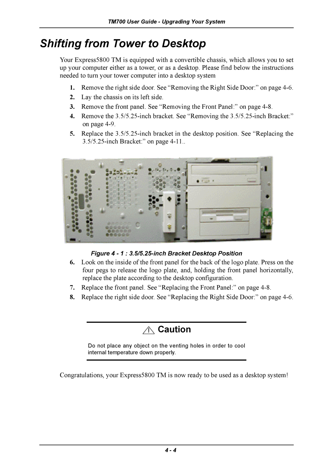 Intel TM700 manual Shifting from Tower to Desktop, 3.5/5.25-inch Bracket Desktop Position 