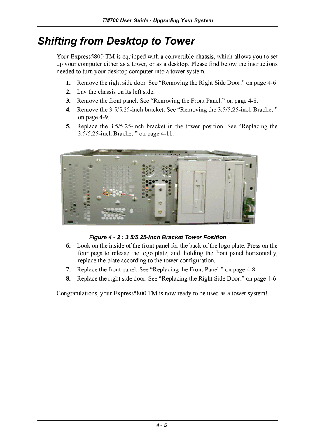 Intel TM700 manual Shifting from Desktop to Tower, 3.5/5.25-inch Bracket Tower Position 