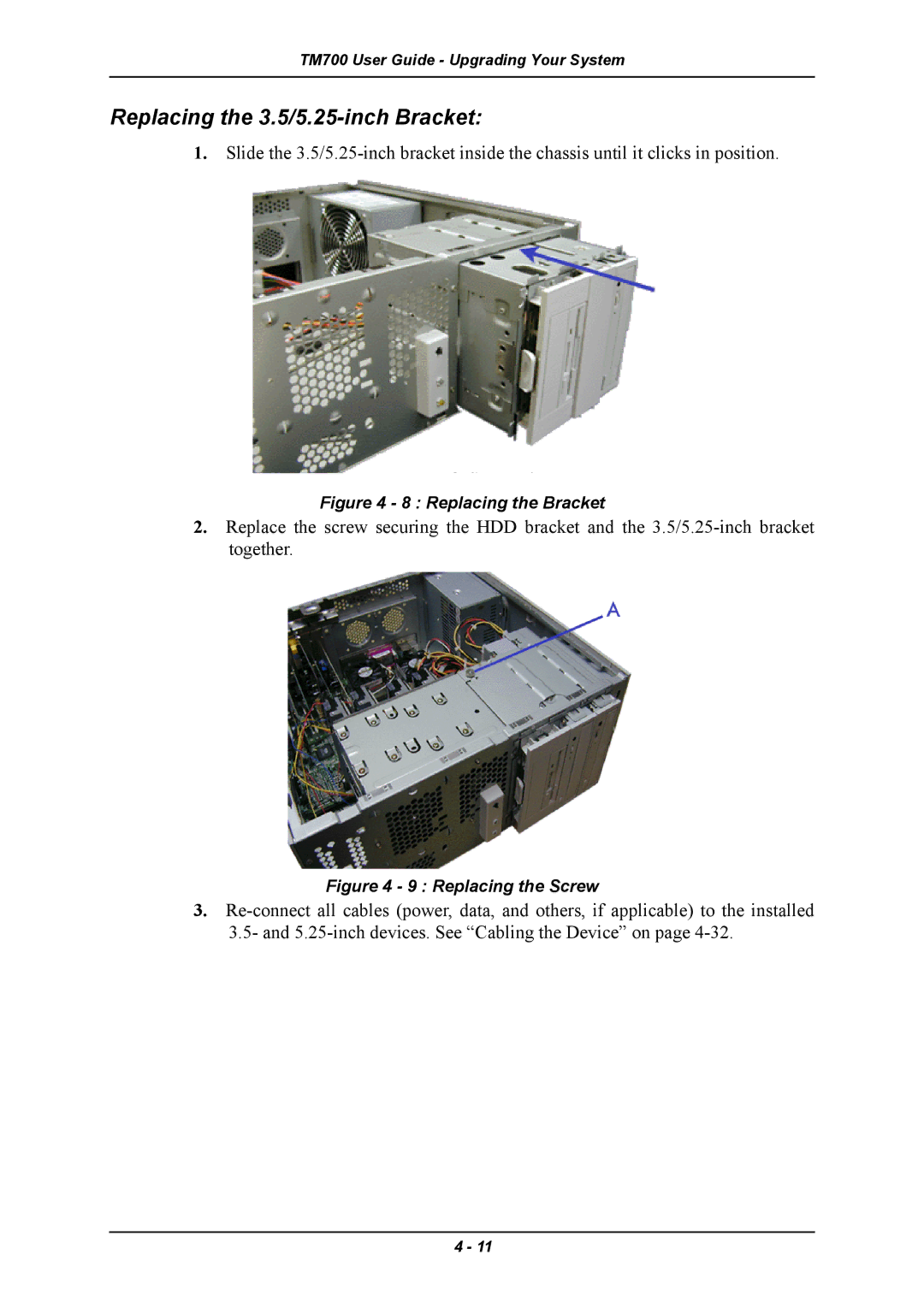 Intel TM700 manual Replacing the 3.5/5.25-inch Bracket, Replacing the Bracket 