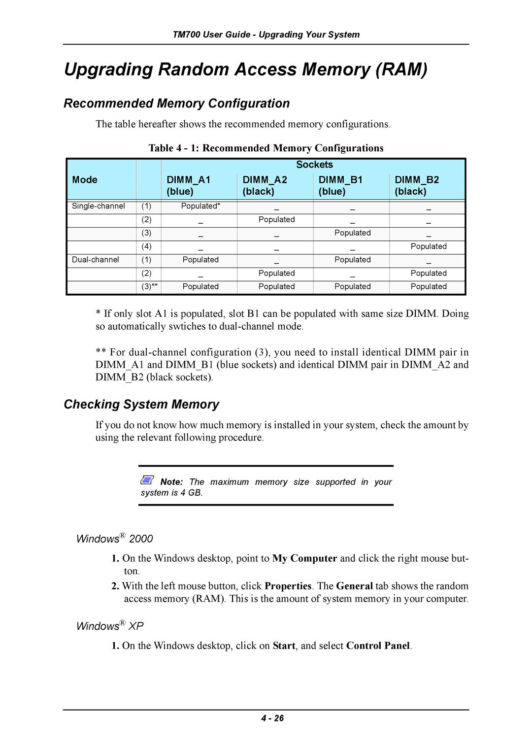 Intel TM700 manual Upgrading Random Access Memory RAM, Recommended Memory Configuration, Checking System Memory 